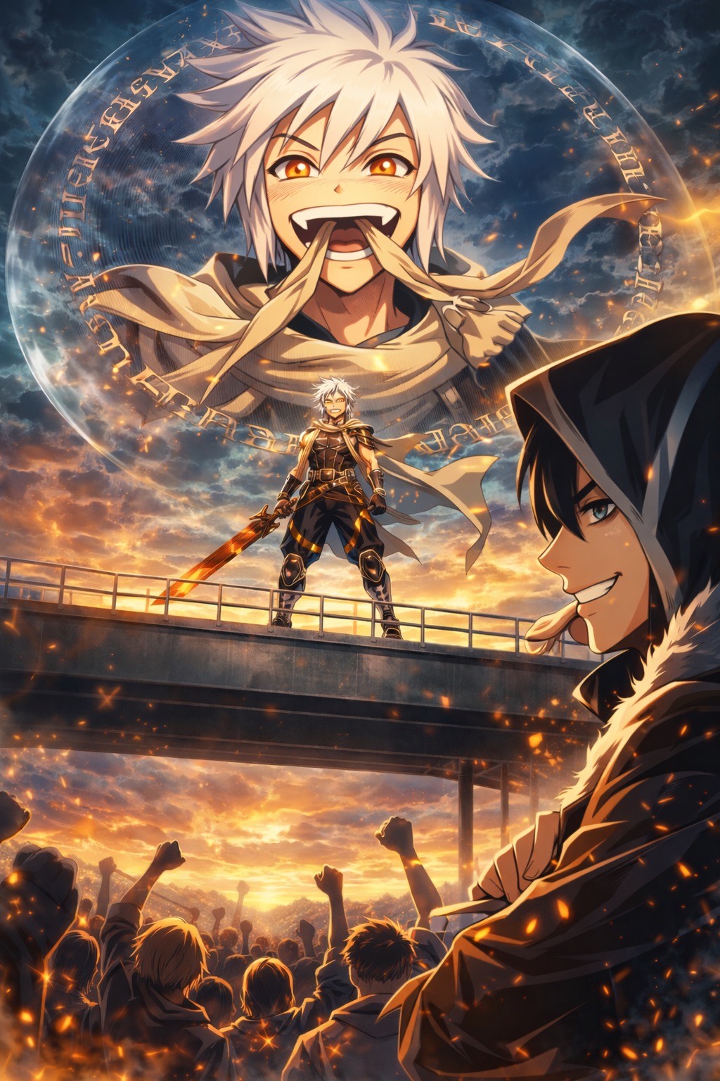 Anime scene with a large smiling character in the sky, a warrior on a bridge, and a crowd below at sunset.
