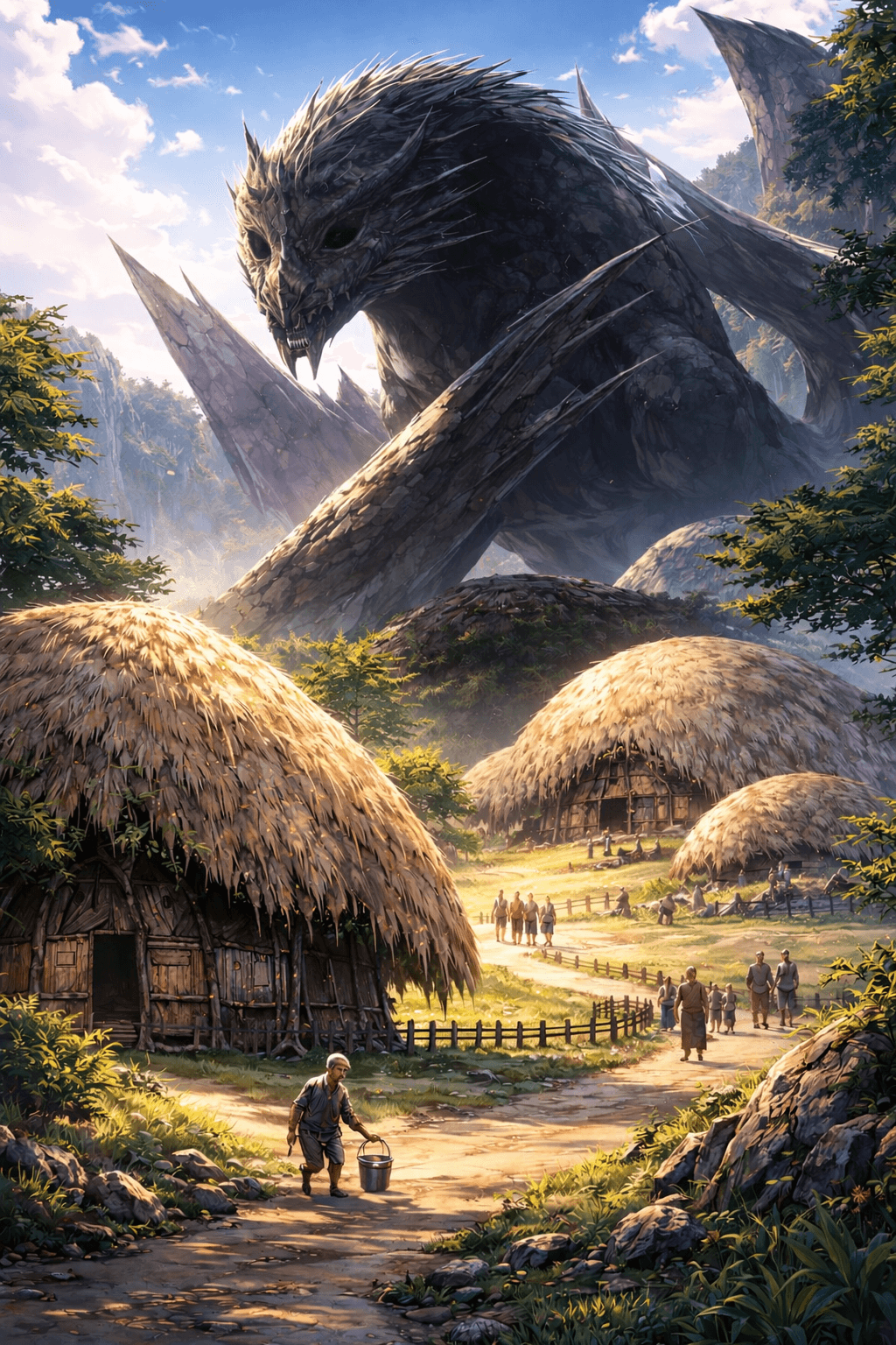 Giant creature with a large head and sharp features looms over a village with thatched roofs and villagers walking.