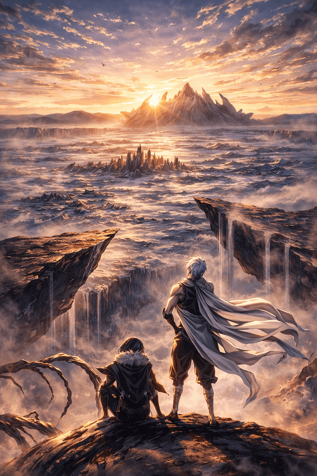 Two figures stand on rocky terrain overlooking a turbulent sea with a distant mountain and sunset sky.