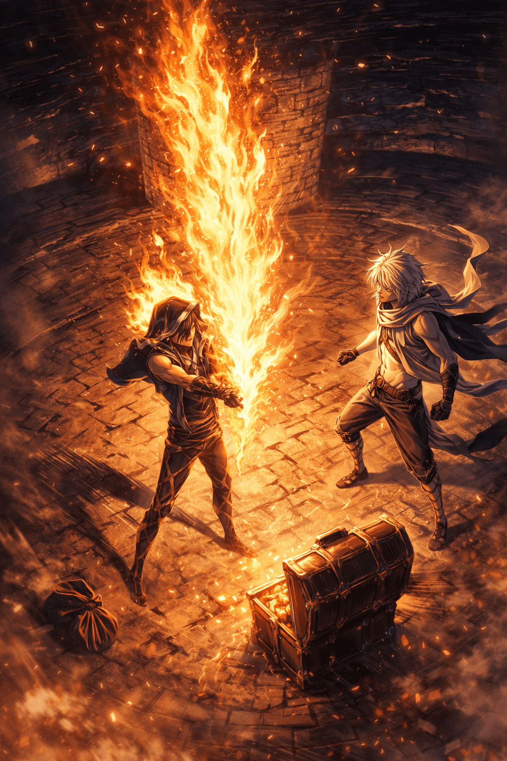 Two characters face each other with fire between them, surrounded by a dark, fiery environment and a treasure chest on the ground.