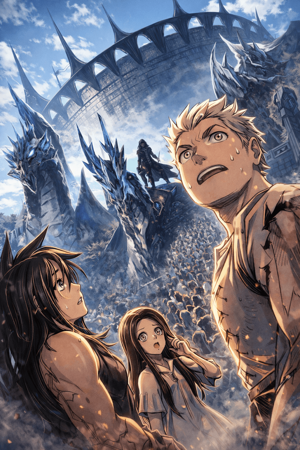 Three people look up at a large, spiked creature and a fortress in the background, with a cloudy sky.