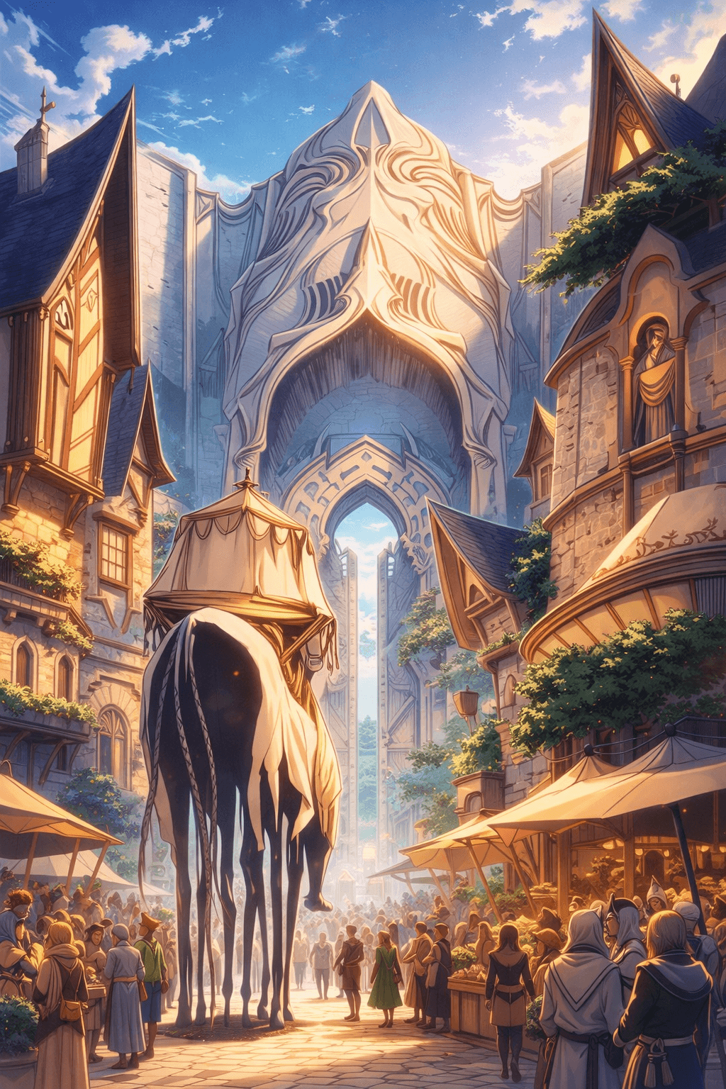 Large horse with long black mane in a bustling fantasy city with tall buildings and a grand archway.
