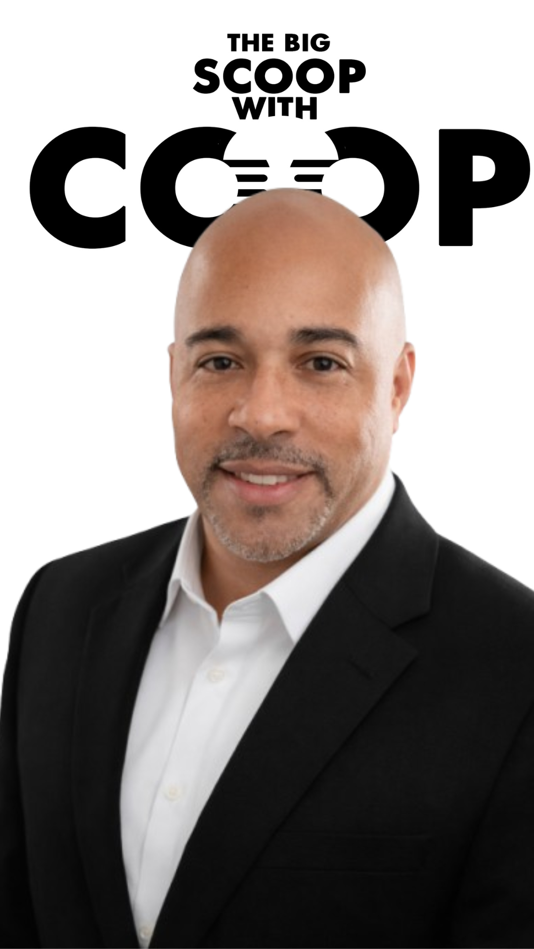 Man in suit smiling in front of a white background with black text reading 'The Big Scoop with Coop'.