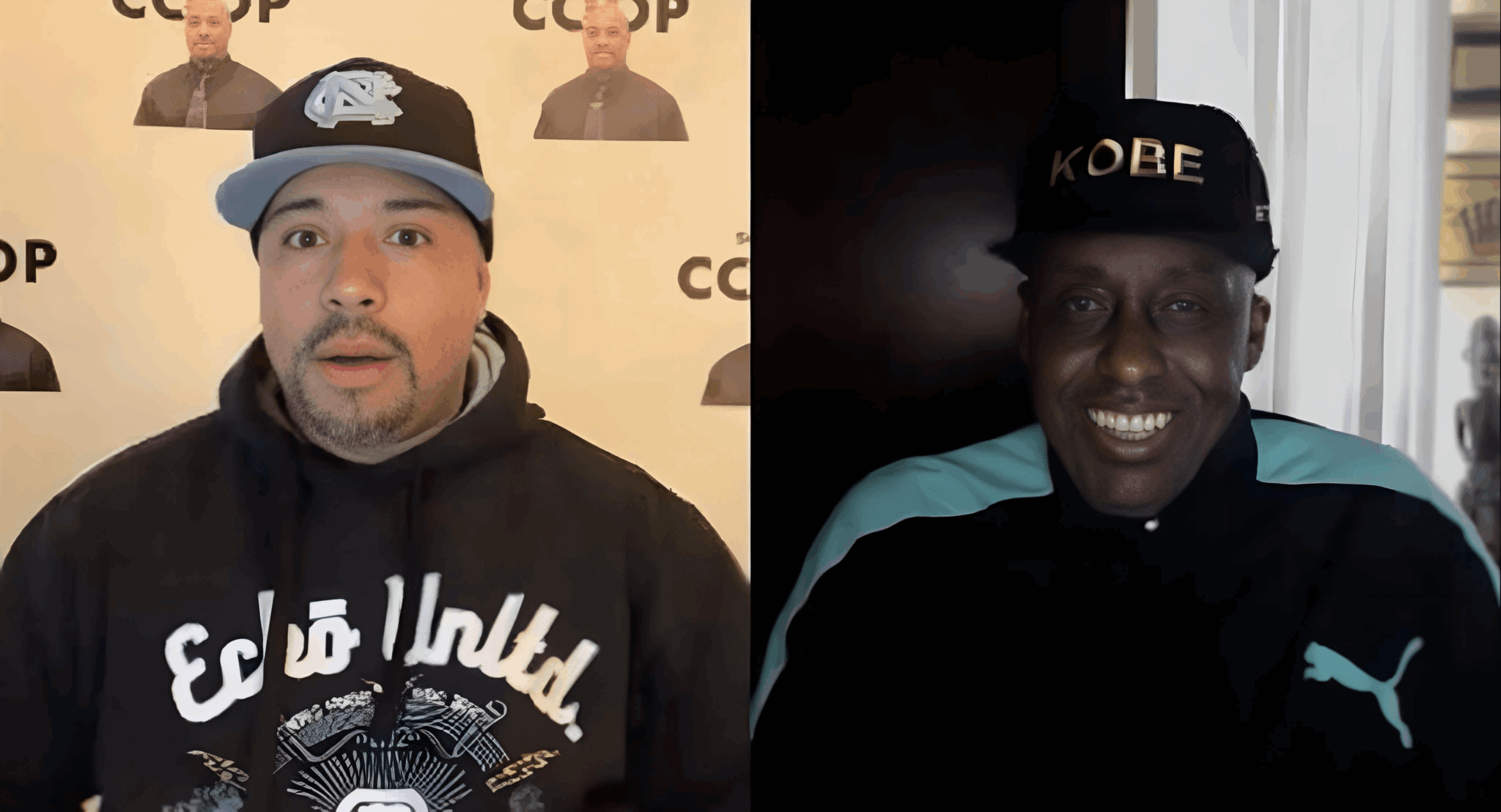 Two men smiling, one wearing a baseball cap and hoodie, the other wearing a cap with 'KOBE' and a black jacket.