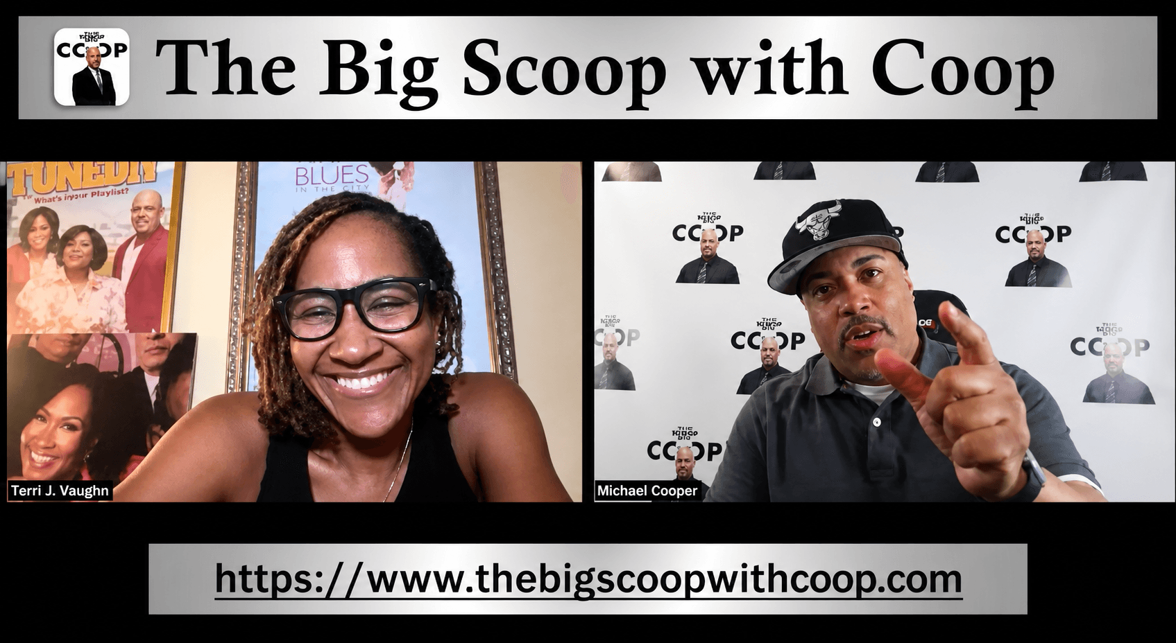 Two people smiling and speaking during a virtual event, with a banner and photos in the background.