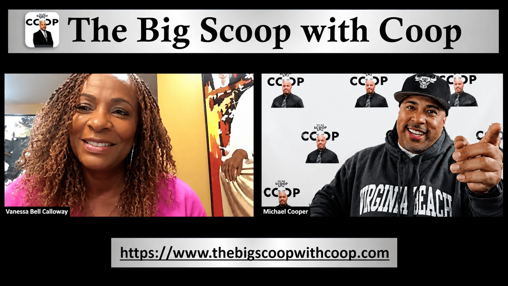 Two people speaking on a virtual broadcast titled 'The Big Scoop with Coop,' with a website link below.