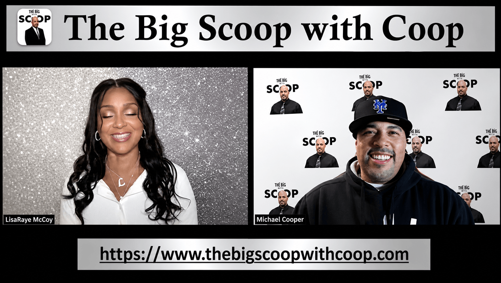 Two people smiling, woman with long dark hair and man with cap, in front of a backdrop with logos.