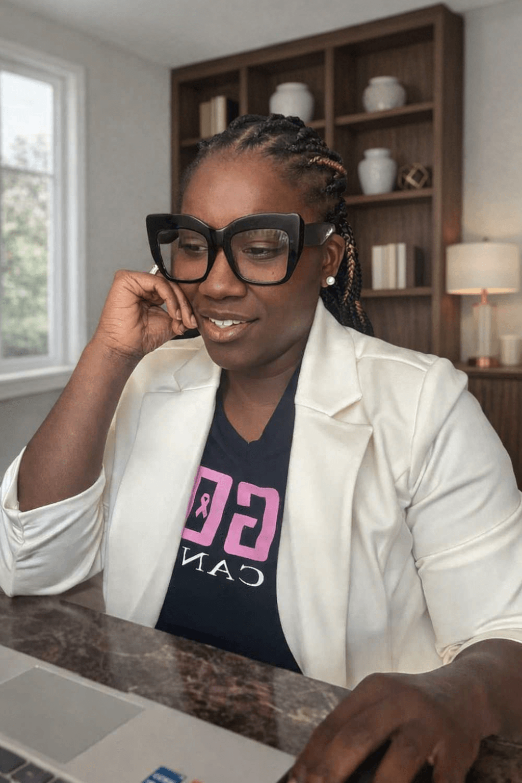 Woman with glasses and braided hair sitting at a table in a room with shelves and a lamp.