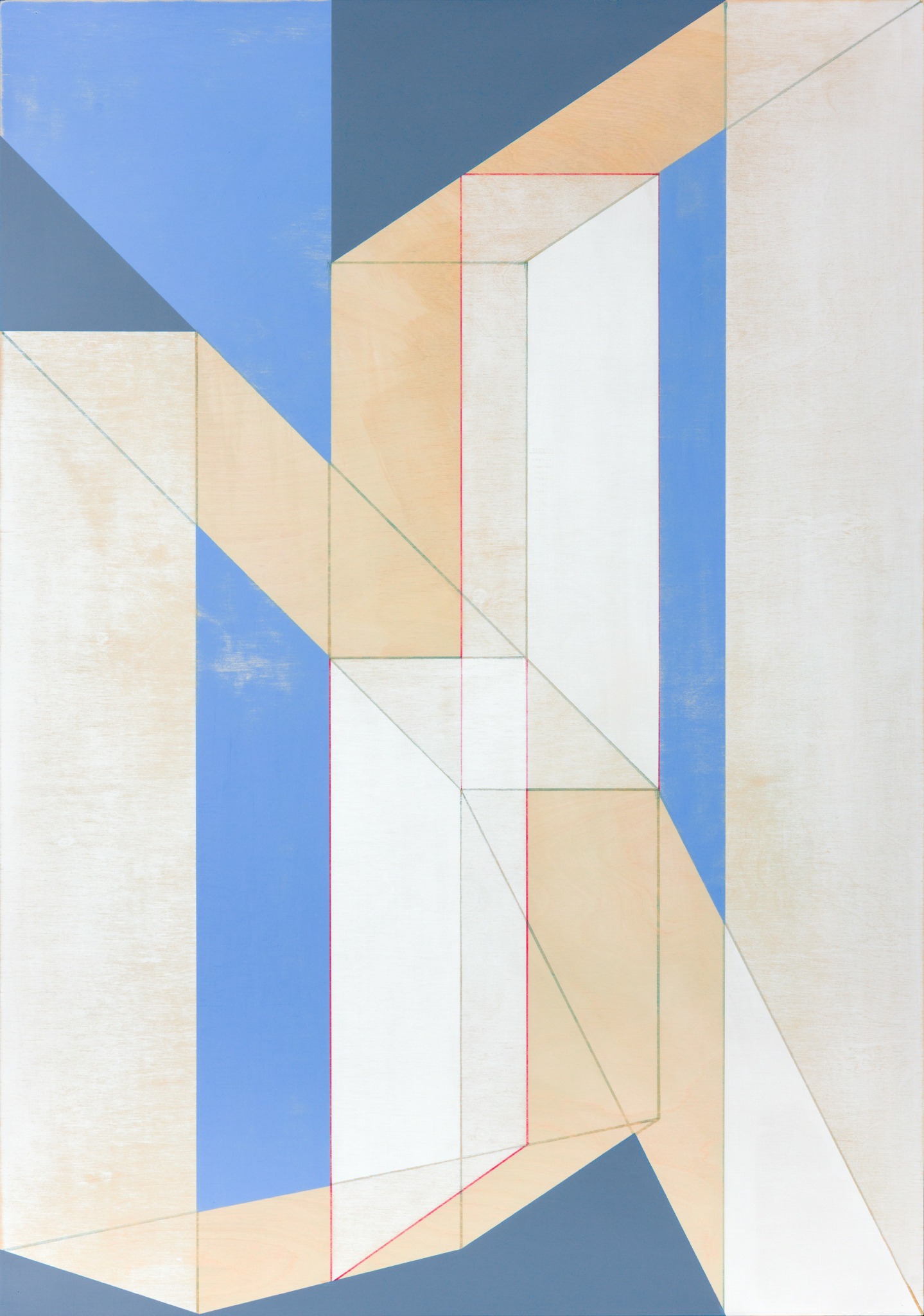 Abstract geometric artwork with blue, beige, and white shapes forming a pattern.