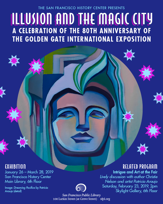 Colorful illustration of a face with flowing hair, surrounded by stars, on a blue background for an art exhibition poster.