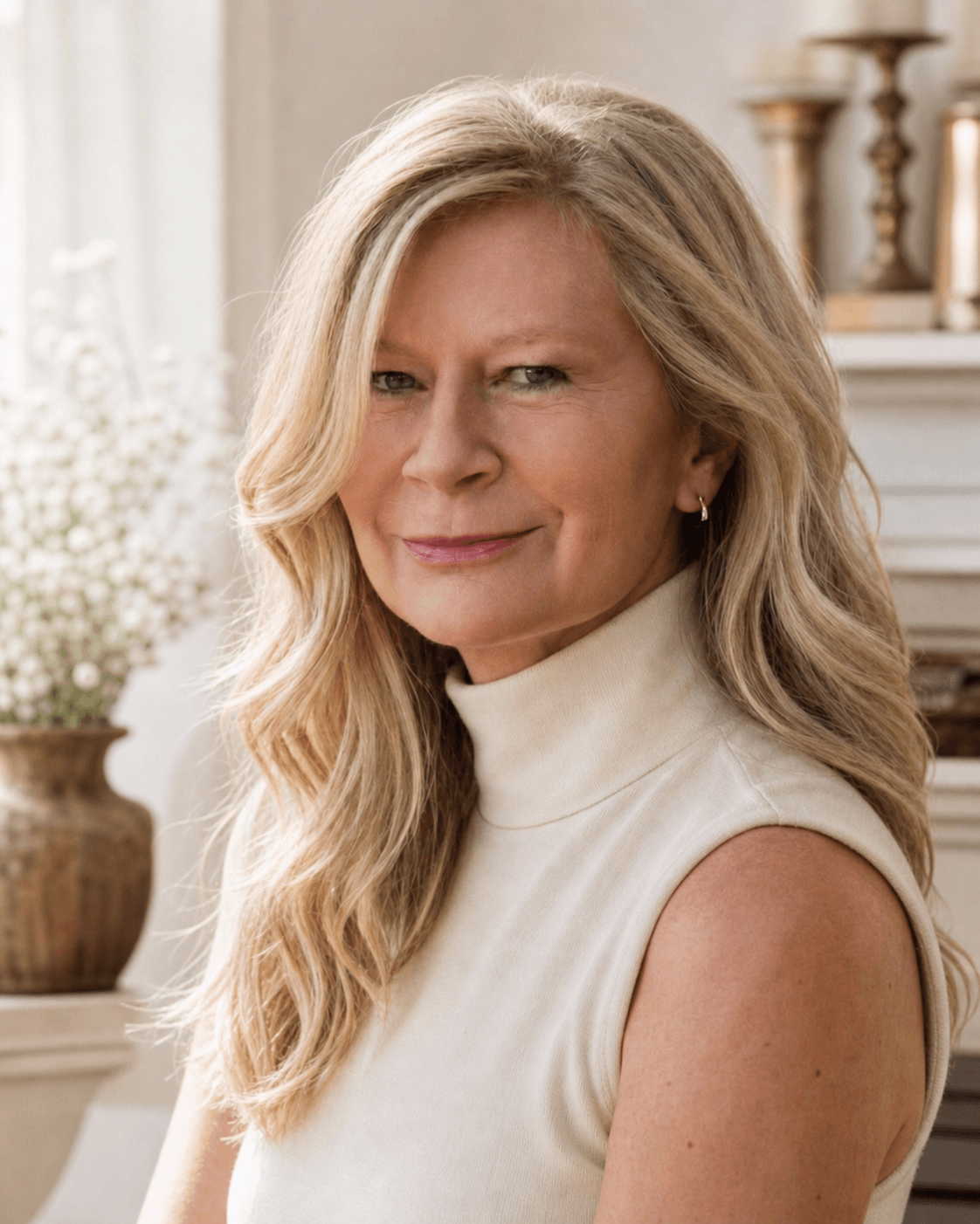 Woman with long blonde hair wearing a sleeveless cream turtleneck, smiling softly indoors.
