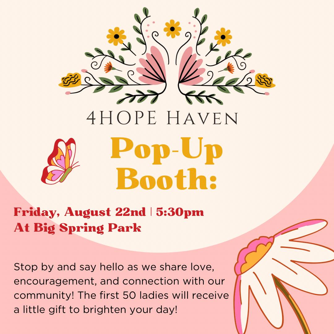 Flyer with butterflies, flowers, and text about a pop-up booth event at Big Spring Park.