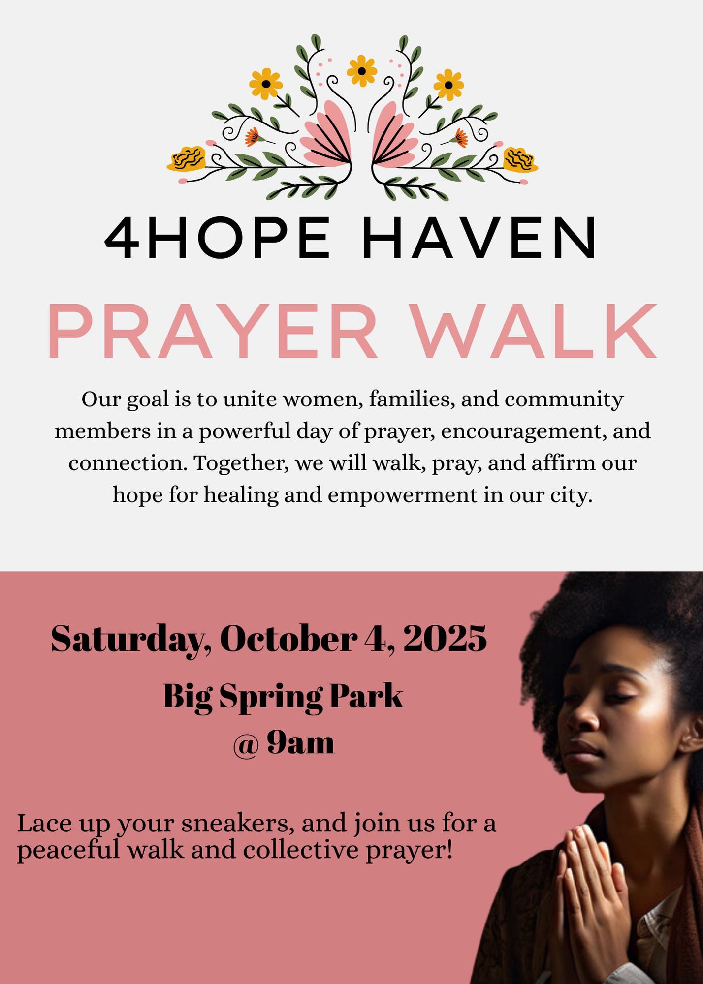 Event poster for prayer walk with floral design, event details, and a person praying with hands together.