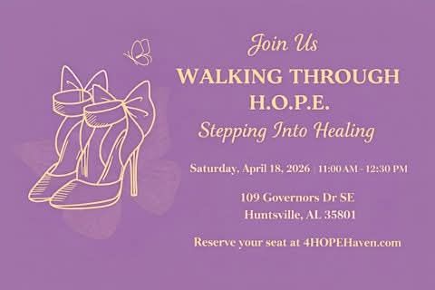 Purple invitation with a shoe illustration and text about a walking event on April 18, 2026.