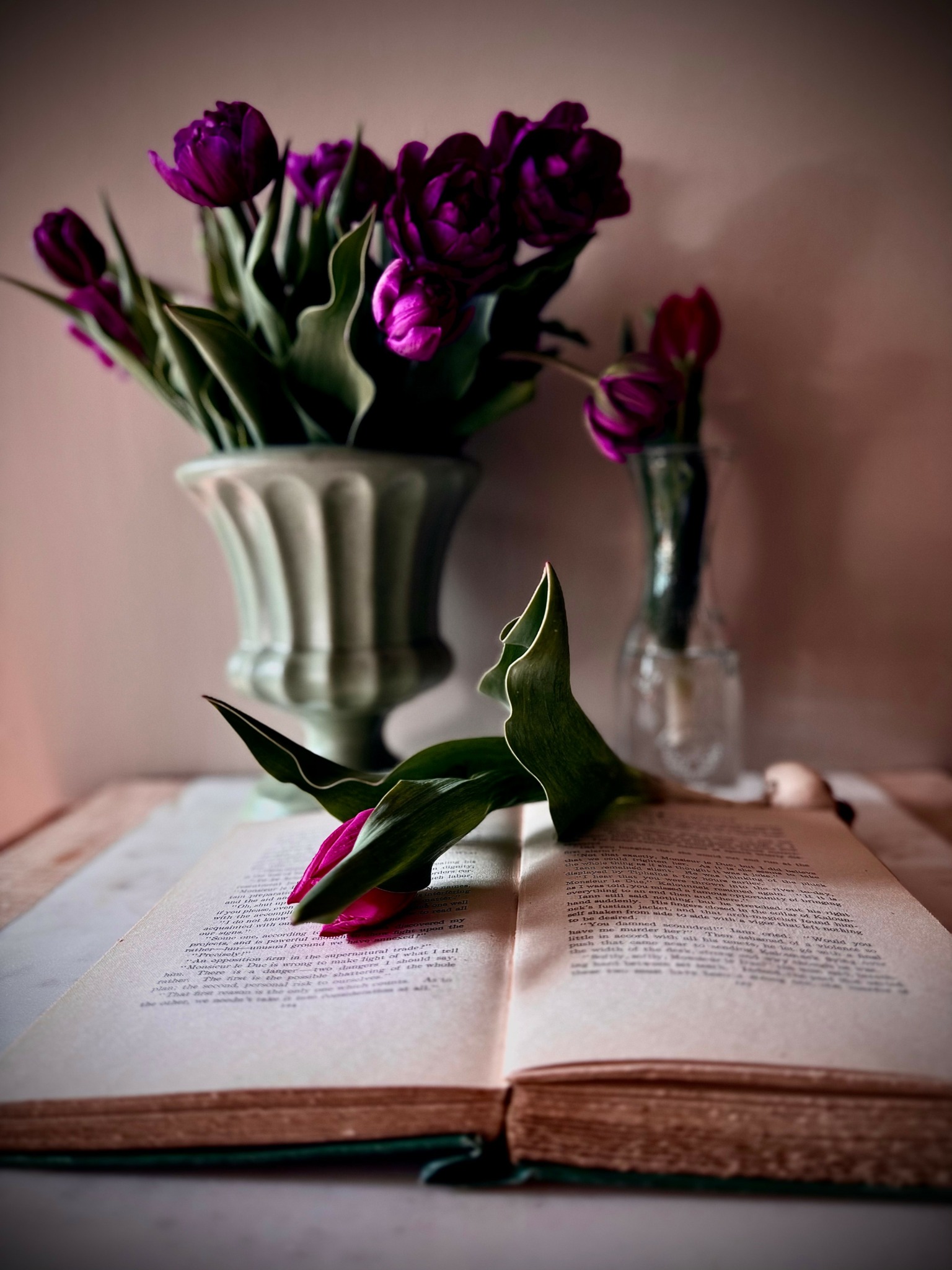 Open book with pink tulips and a vase of purple flowers on a table.