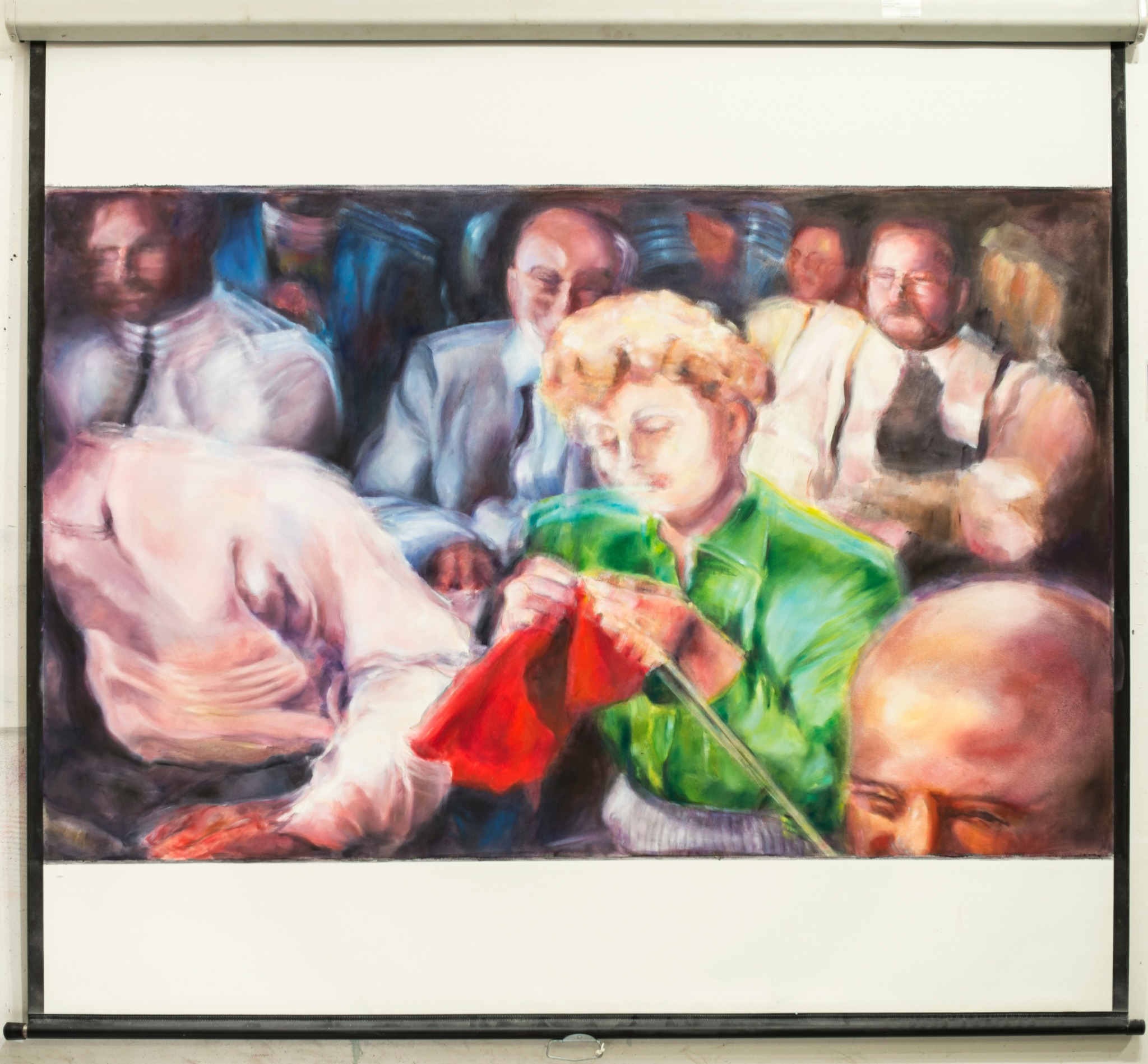 Group of people, some knitting, in a colorful scene with a woman in green knitting in the foreground.